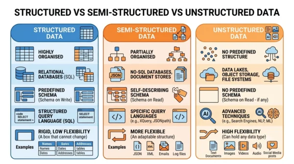 Comparison infographic listing organisation, storage, schema, query method and flexibility for structured, semi-structured and unstructured data