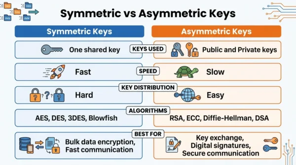 Comparison infographic listing keys used, speed, key distribution, algorithms and best use for symmetric versus asymmetric keys