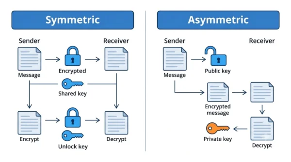 Two-panel diagram showing symmetric encryption using one shared key for both lock and unlock, versus asymmetric encryption using a public key to encrypt and a separate private key to decrypt