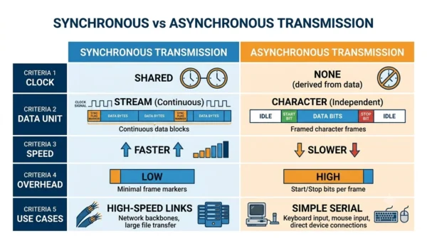 Comparison infographic listing clock, data unit, speed, overhead and typical use for synchronous versus asynchronous transmission
