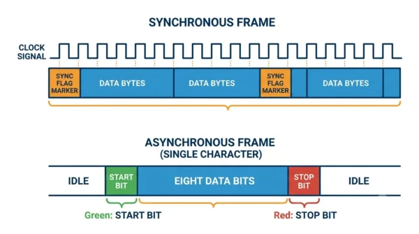 Infographic comparing a synchronous frame of back-to-back data bytes under a clock with an asynchronous frame of a single character wrapped by a start bit and a stop bit