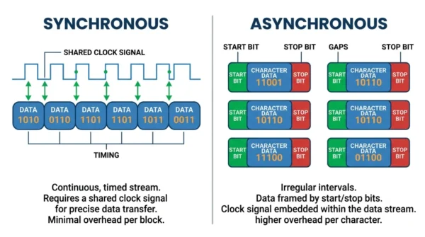 Two-panel diagram showing synchronous transmission as a continuous data stream under a shared clock versus asynchronous transmission as separate characters framed by start and stop bits