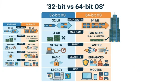 Comparison infographic listing data width, max RAM, speed, security and use for 32-bit versus 64-bit operating systems