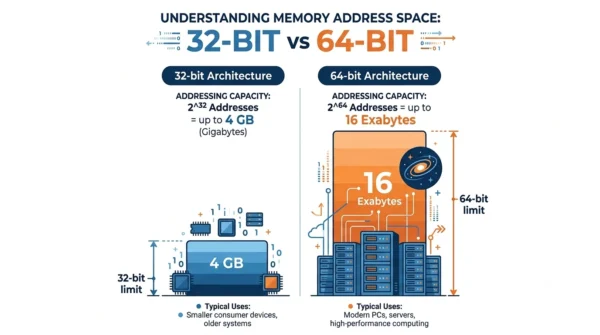 Infographic comparing 32-bit addressing limited to about 4 GB with 64-bit addressing that reaches up to 16 exabytes