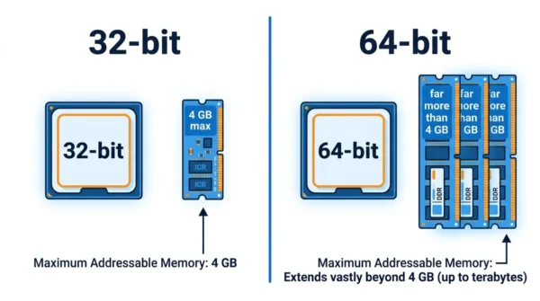 Two-panel diagram comparing a 32-bit CPU limited to 4 GB of RAM with a 64-bit CPU that supports far more memory