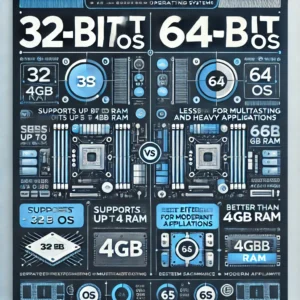 High-resolution infographic comparing 32-bit and 64-bit operating systems