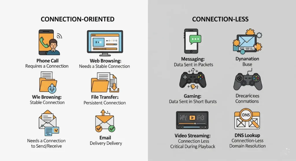 Infographic illustrating real-world examples of connection-oriented (phone calls, web Browse, file transfer, email) and connection-less (instant messaging, online gaming, video streaming, DNS lookup) communication.