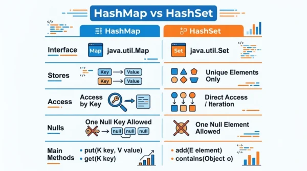 Comparison infographic listing interface, what each stores, access, null handling and main methods for HashMap versus HashSet
