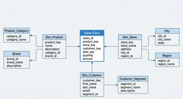 Snowflake schema where dimension tables normalise into related sub-tables around a fact table