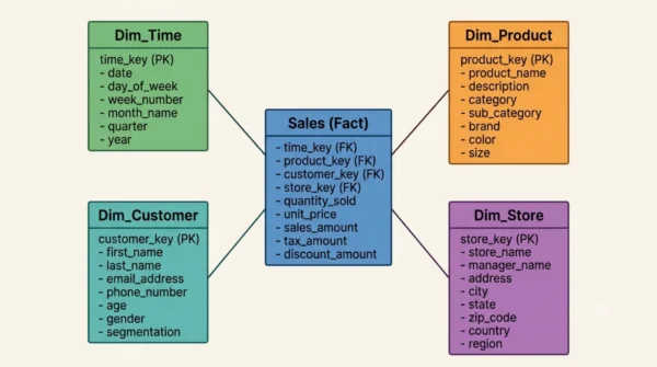 Star schema with a central Sales fact table joined to four denormalised dimension tables