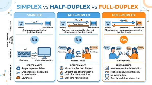 Comparison infographic listing direction, simultaneous send and receive, examples and performance for simplex, half-duplex and full-duplex communication 