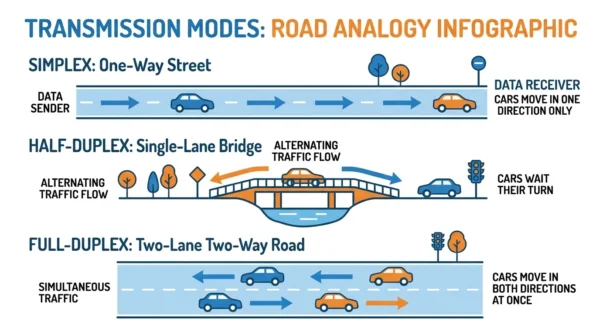 Road analogy infographic showing simplex as a one-way street, half-duplex as a single-lane bridge where cars alternate, and full-duplex as a two-lane two-way road 