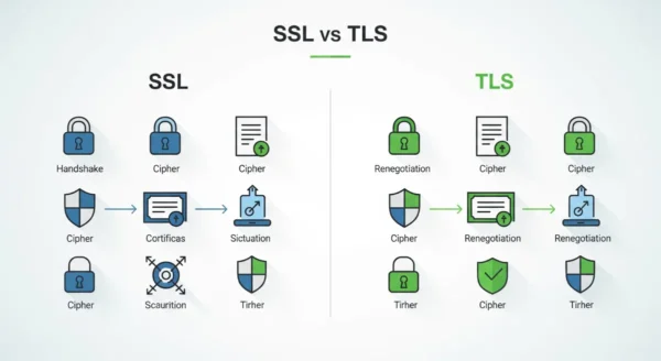 Infographic comparing SSL vs TLS Protocol, highlighting key differences like handshake process, cipher suite, and renegotiation support.