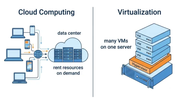 Two-panel diagram showing cloud computing as devices renting remote data-centre resources over the internet versus virtualization as one physical server split into several virtual machines by a hypervisor