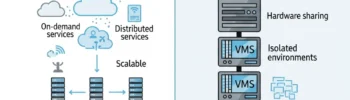 Diagram illustrating the differences between Cloud Computing and Virtualization, showing cloud services as scalable, on-demand, and distributed, and virtualization as hardware sharing, isolated environments, and efficient resource use.