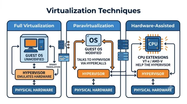 Infographic comparing full virtualization with an unmodified guest OS, paravirtualization with a modified guest OS using hypercalls, and hardware-assisted virtualization using CPU extensions 