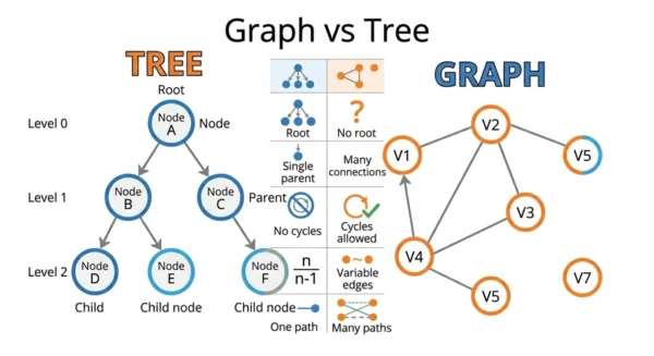 Comparison infographic listing tree properties such as a root, single parent, no cycles and n minus 1 edges against graph properties such as no root, many connections, cycles and variable edges