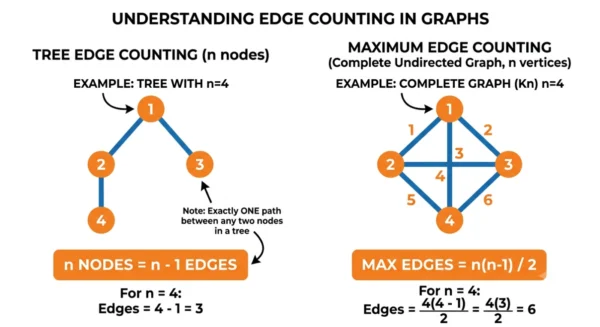 Infographic showing a tree with four nodes and three edges next to a complete graph with four vertices and six edges, illustrating the n minus 1 edge rule and the maximum n times n minus 1 over two edges