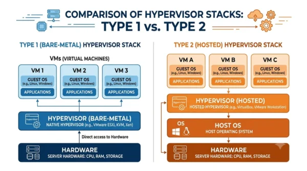 Diagram comparing a Type 1 bare-metal hypervisor running directly on hardware with a Type 2 hosted hypervisor running on top of a host operating system 