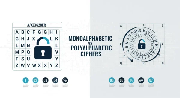 An infographic contrasting Monoalphabetic vs. Polyalphabetic Ciphers. The left side displays a monoalphabetic substitution chart with a padlock, while the right side shows a dynamic Vigenère square with a digital lock. The title 'Monoalphabetic vs Polyalphabetic Ciphers' is centrally placed, and numbered callouts with icons hint at seven differences.