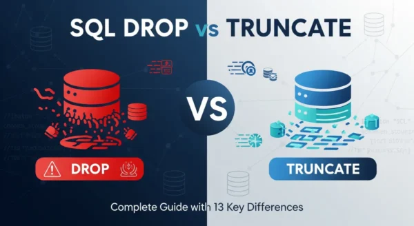Infographic comparing SQL DROP vs TRUNCATE commands, showing DROP completely deleting a red database table and TRUNCATE clearing data while preserving a blue table structure.