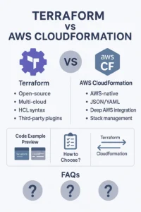 Infographic comparing Terraform vs AWS CloudFormation with icons, features, code preview, and FAQs