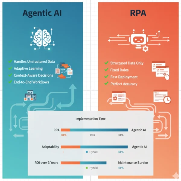 Technical comparison infographic showing architecture differences between agentic AI autonomous systems and RPA rule-based platforms