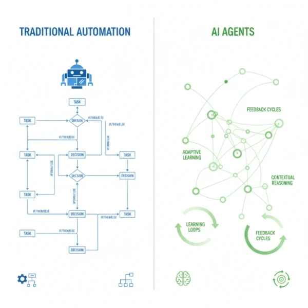 AI Agents vs Traditional Automation side-by-side comparison diagram