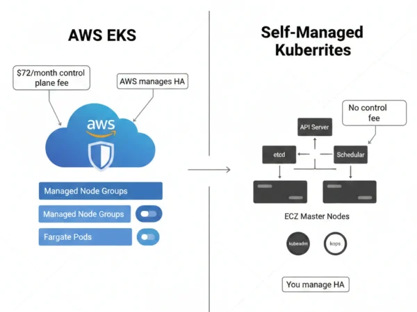 AWS EKS vs self-managed Kubernetes architecture comparison showing managed versus self-hosted control plane