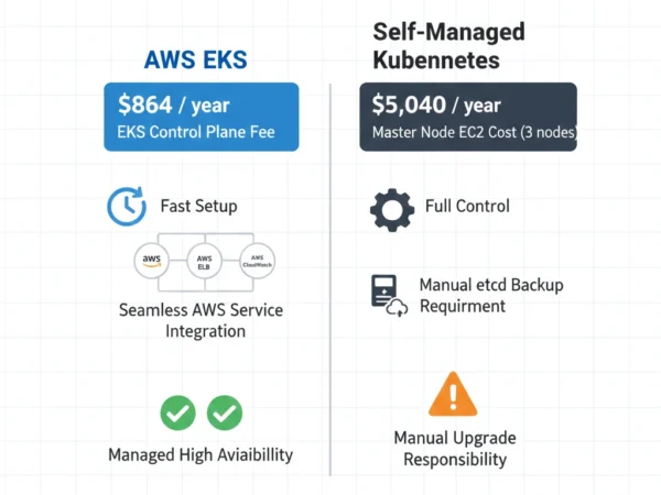 AWS EKS vs self-managed Kubernetes cost comparison showing TCO breakdown for 10-node cluster first year