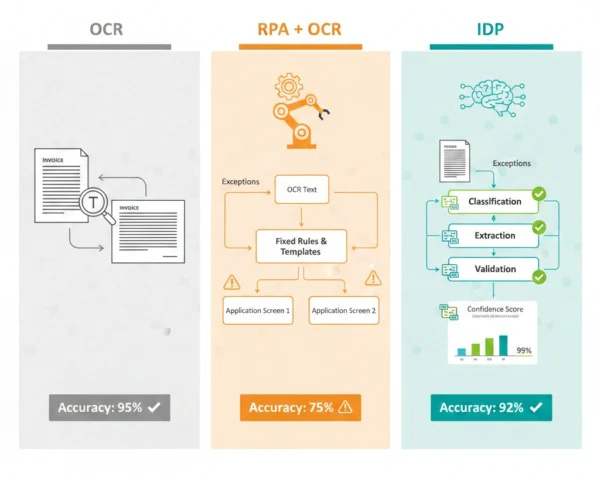 IDP vs OCR and RPA document processing comparison showing AI intelligence versus text recognition and automation