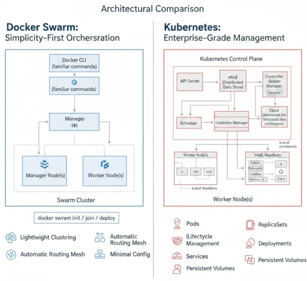 Architectural comparison diagram showing Docker Swarm lightweight clustering versus Kubernetes enterprise control plane with API server, etcd, and pod management 