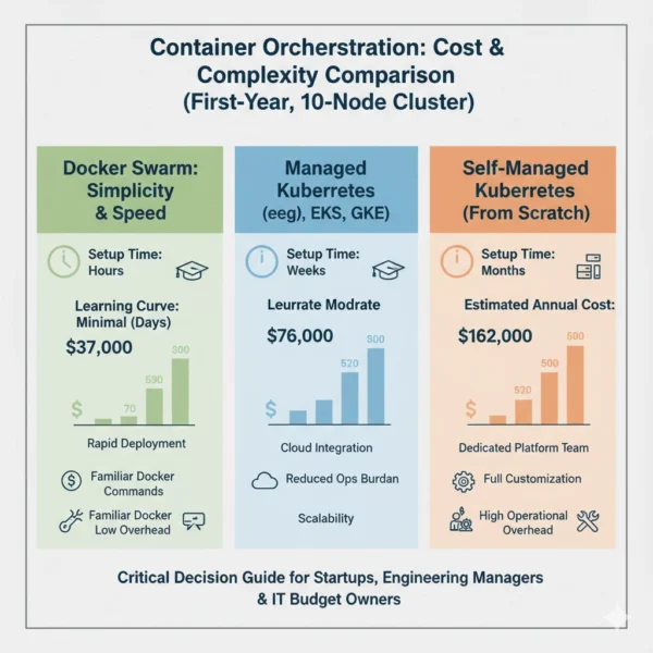 Cost and complexity comparison infographic showing Docker Swarm at $37K versus managed Kubernetes at $76K versus self-managed Kubernetes at $162K for 10-node cluster
