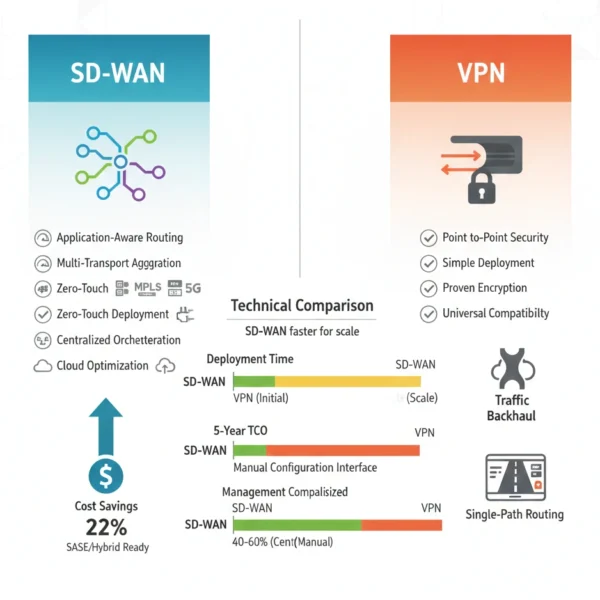 Technical architecture infographic comparing SD-WAN intelligent overlay with VPN tunnel-based connectivity