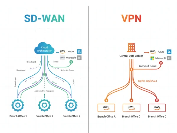 SD-WAN vs VPN enterprise network architecture comparison showing intelligent routing versus point-to-point tunnels
