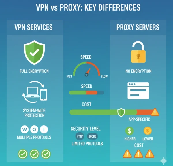 Security comparison infographic between VPN services and proxy servers showing encryption, protection scope, and key features