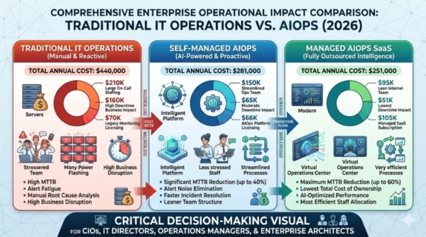Infographic comparing AIOps versus Traditional IT Operations across MTTR reduction, alert volume, operational cost, team size requirements, and incident resolution speed for enterprise IT teams in 2026