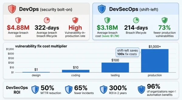 Infographic comparing DevOps traditional security cost model showing $4.88 million average breach cost versus DevSecOps model showing $1.7 million breach cost savings, with vulnerability fix cost multipliers across SDLC stages from design through production