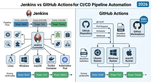 Architecture comparison diagram showing Jenkins controller-agent distributed build model with plugin ecosystem versus GitHub Actions event-driven cloud-native workflow runner model for CI/CD pipeline automation