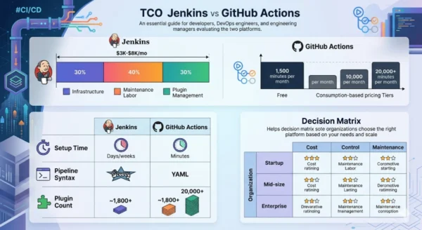 Infographic comparing Jenkins total cost of ownership including infrastructure and maintenance versus GitHub Actions per-minute pricing tiers with free limits, showing cost curves across team sizes from startup to Fortune 500 enterprise
