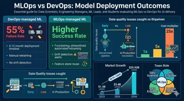 Infographic comparing the 55 percent of ML models that never reach production in traditional DevOps-managed workflows against MLOps managed model lifecycle with continuous retraining, drift detection, and automated model validation showing higher production deployment success rates and lower model failure costs