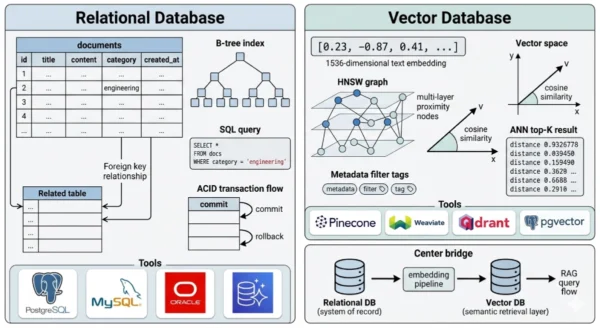 Architecture comparison diagram showing relational database tables with SQL queries, B-tree indexes, ACID transactions, and structured schema versus vector database collections with high-dimensional embeddings, HNSW indexes, cosine similarity search, and ANN query model for AI and semantic search workloads in 2026