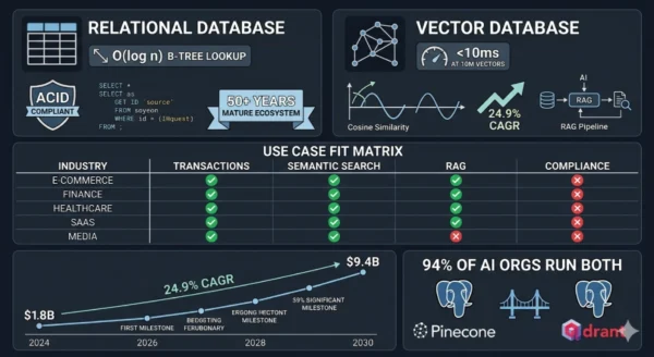Infographic comparing vector database and relational database performance benchmarks, use cases, and market data including HNSW query speed at scale versus SQL B-tree lookup, the 24.9 percent CAGR vector database market growth from 1.8 billion in 2024 to 9.4 billion by 2030, and the 94 percent of AI organizations still running relational databases alongside vector databases in production in 2026