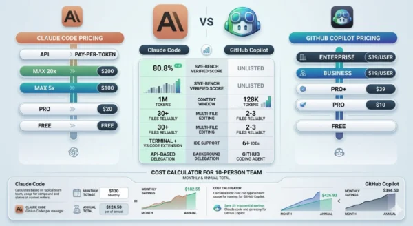 Infographic comparing Claude Code pricing tiers from $20 Pro to $200 Max versus GitHub Copilot Free to $39 Pro Plus tiers with SWE-bench accuracy scores Claude Code 80.8 percent and real-world benchmark data showing context window sizes and multi-file editing capability