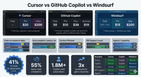 Infographic comparing Cursor versus GitHub Copilot versus Windsurf pricing tiers and developer productivity data showing 41 percent of code now AI generated Cursor 72 percent acceptance rate versus Copilot 65 percent autocomplete acceptance rate Windsurf sub 150 millisecond autocomplete latency and developer productivity gains of up to 55 percent faster task completion for AI coding tools in 2026