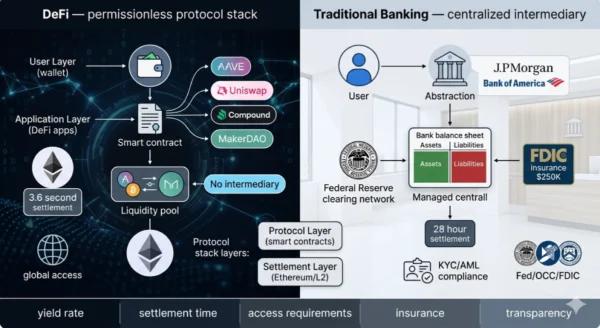 Architecture diagram comparing DeFi smart contract blockchain protocol stack showing permissionless peer-to-peer lending and trading without intermediaries versus traditional banking centralized institution stack with FDIC insurance regulators and intermediary layers