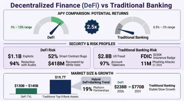 Infographic comparing DeFi vs Traditional Banking yields showing DeFi lending rates 5 to 15 percent versus traditional bank savings 0.5 to 2 percent APY alongside risk comparison showing 1.1 billion in DeFi hacks 2025 versus 2.8 billion in traditional banking fraud with market size data DeFi 238 billion 2026 growing to 770 billion by 2031