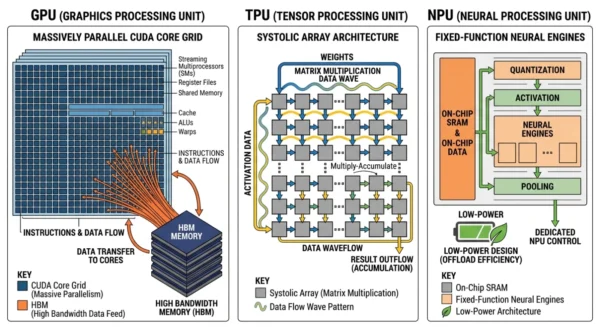 Architecture comparison showing the GPU parallel CUDA core grid for general AI training, the TPU systolic array for tensor operations at cloud scale, and the NPU neural network accelerator for low-power edge inference on smartphones and IoT devices