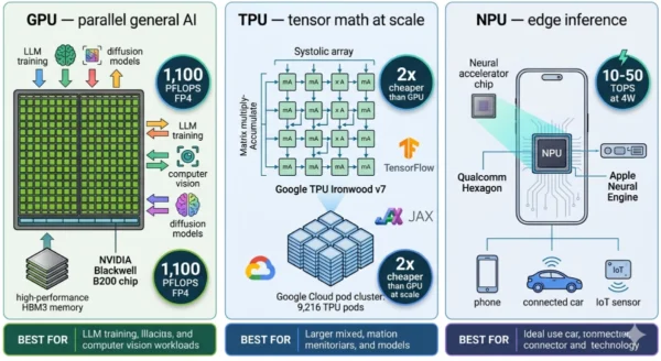 Architecture comparison diagram showing GPU parallel CUDA core grid for general AI training, TPU systolic array for tensor operations at cloud scale, and NPU neural network hardware accelerator for low-power edge inference on smartphones and IoT devices