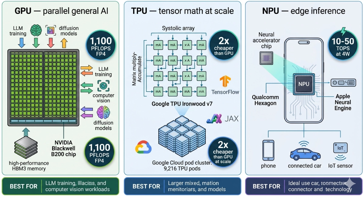 GPU vs TPU vs NPU for AI Workloads